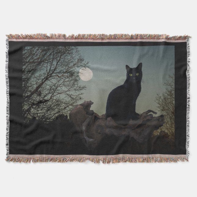 Black Cat in a Tree in Front of a Full Moon Throw Blanket (Front)