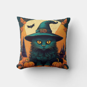 Black Cat in a Witches Hat Throw Pillow