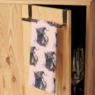 Black Cat in a Witch's Hat Orange Halloween Kitchen Towel