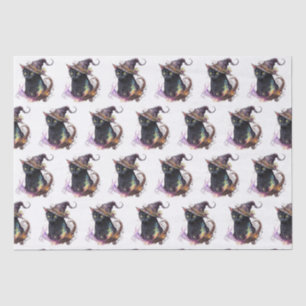 Black Cat in a Witch's Hat White Halloween Tissue Paper