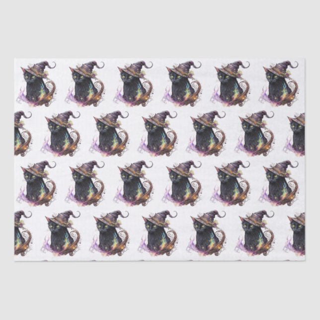 Black Cat in a Witch's Hat White Halloween Tissue Paper (Front)