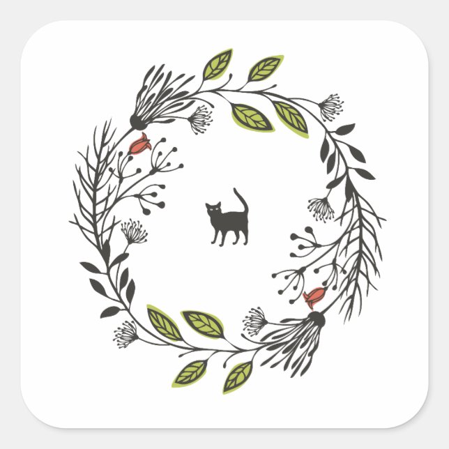 Black Cat in a Wreath Sticker Seal (Front)