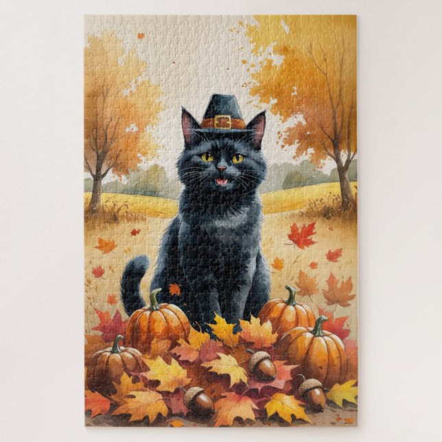 Black Cat In Autumn Leaves Thanksgiving Art Jigsaw Puzzle (Vertical)