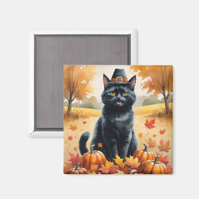 Black Cat In Autumn Leaves Thanksgiving Art Magnet (Front/Back)