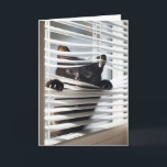 Black Cat In Blinds For Birthday Card<br><div class="desc">A curious black cat is peeking through white window blinds with its paws gripping the slats for birthday.
Text is editable.</div>