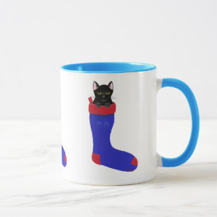 Black Cat in Blue Christmas Stocking Mug