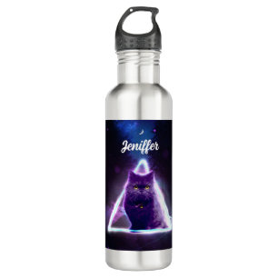 Black cat in blue neon hipster triangle            710 ml water bottle