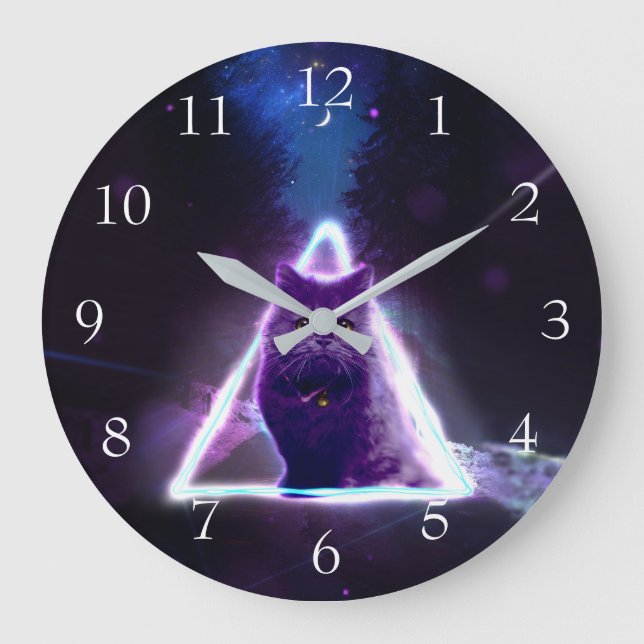 Black cat in blue neon hipster triangle            large clock (Front)