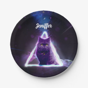 Black cat in blue neon hipster triangle paper plate