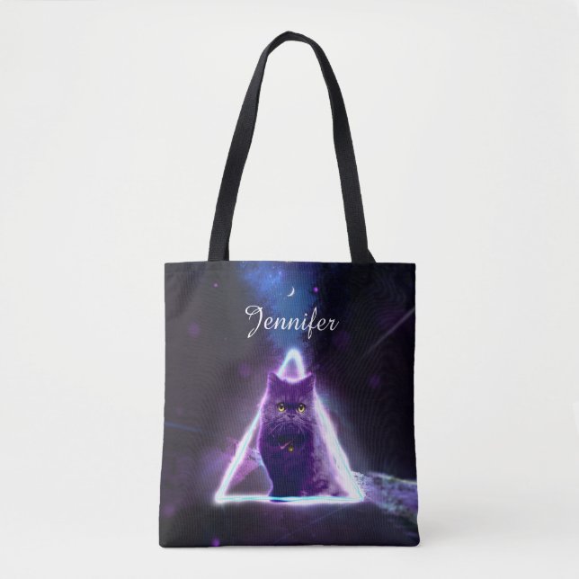Black cat in blue neon hipster triangle            tote bag (Front)