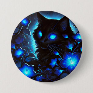 Black cat in bright blue 3 inch round button