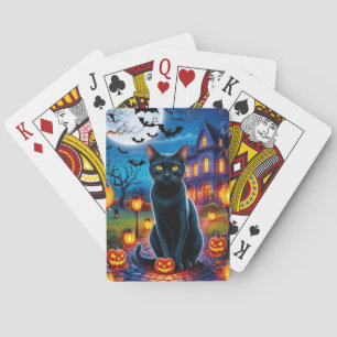 Black Cat in Enchanted Halloween Landscape Playing Cards