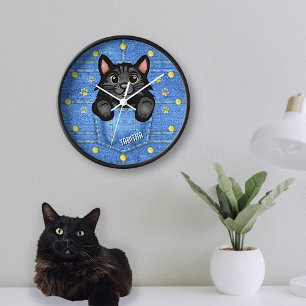 Black Cat in Faux Denim Pocket with Custom Name Clock