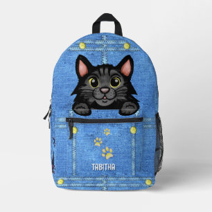 Black Cat in Faux Denim Pocket with Custom Name Printed Backpack