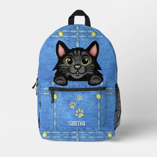 Black Cat in Faux Denim Pocket with Custom Name Printed Backpack (Front)