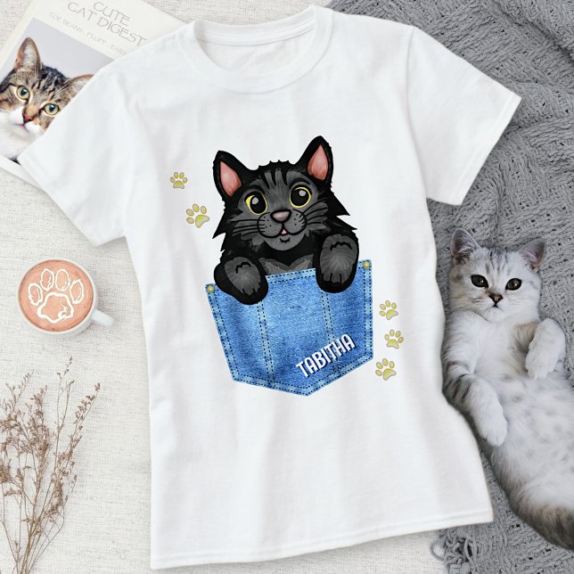 Black Cat in Faux Denim Pocket with Custom Name T-Shirt (Creator Uploaded)