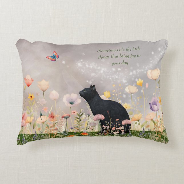 Black Cat in Flowers Accent Pillow (Front)