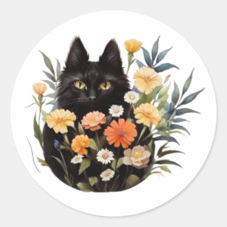 Black cat in flowers  classic round sticker