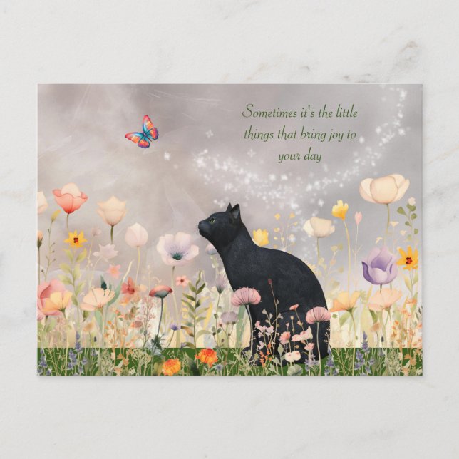 Black Cat in Flowers Postcard (Front)