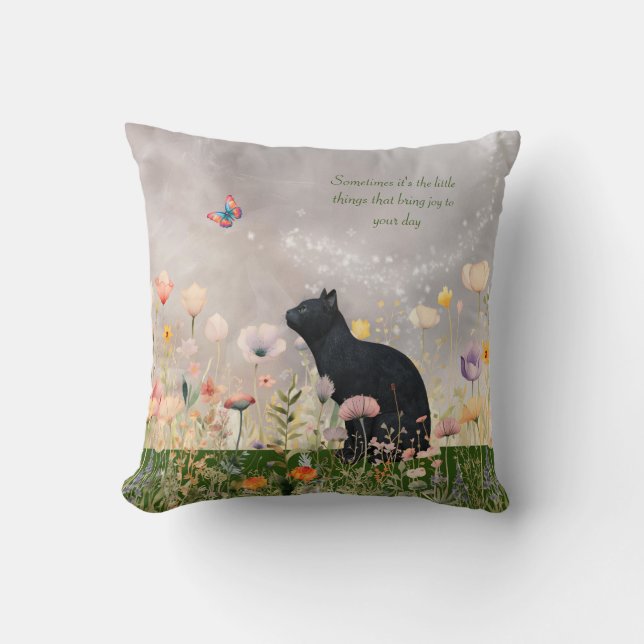 Black Cat in Flowers Throw Pillow (Front)