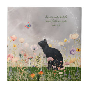 Black Cat in Flowers Tile