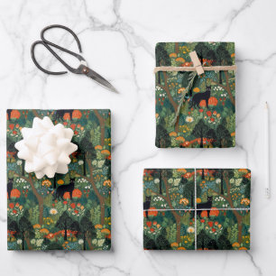 Black cat in forest seamless pattern wrapping paper sheet