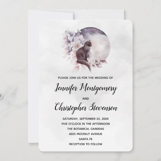 Black Cat in Front of a Full Moon Wedding Invitation (Front)