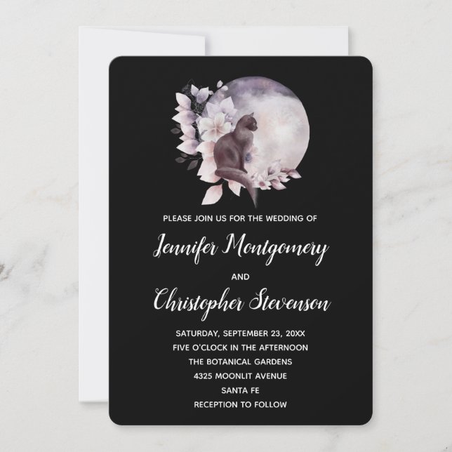 Black Cat in Front of a Full Moon Wedding Invitation (Front)