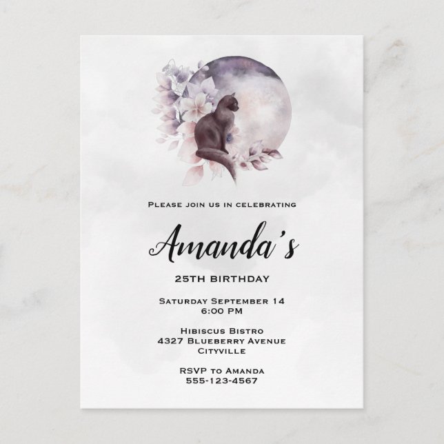 Black Cat in Front of a Magical Full Moon Birthday Invitation Postcard (Front)