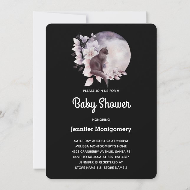 Black Cat in Front of a Magical Full Moon Shower Invitation (Front)