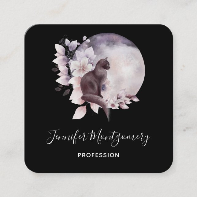 Black Cat in Front of a Magical Full Moon Square Business Card (Front)