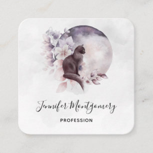 Black Cat in Front of a Magical Full Moon Square Business Card