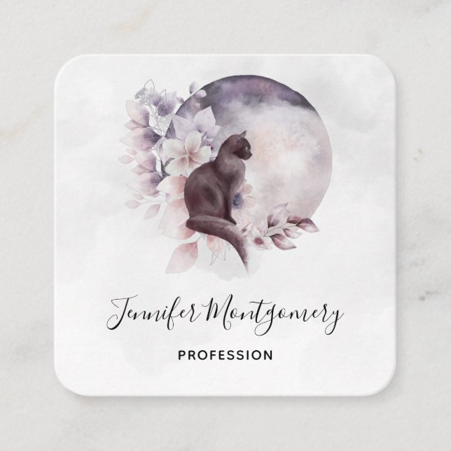 Black Cat in Front of a Magical Full Moon Square Business Card (Front)