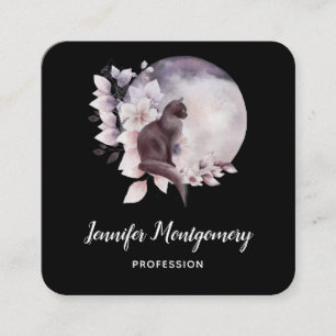 Black Cat in Front of a Magical Full Moon Square Business Card