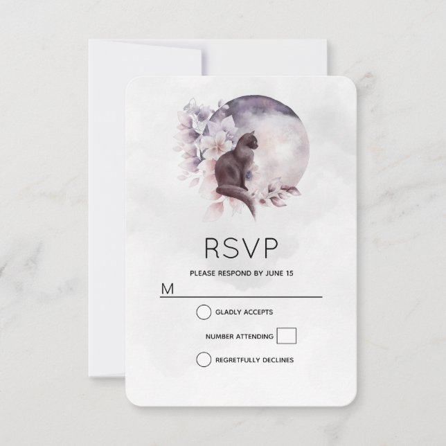 Black Cat in Front of a Magical Full Moon Wedding RSVP Card (Front)