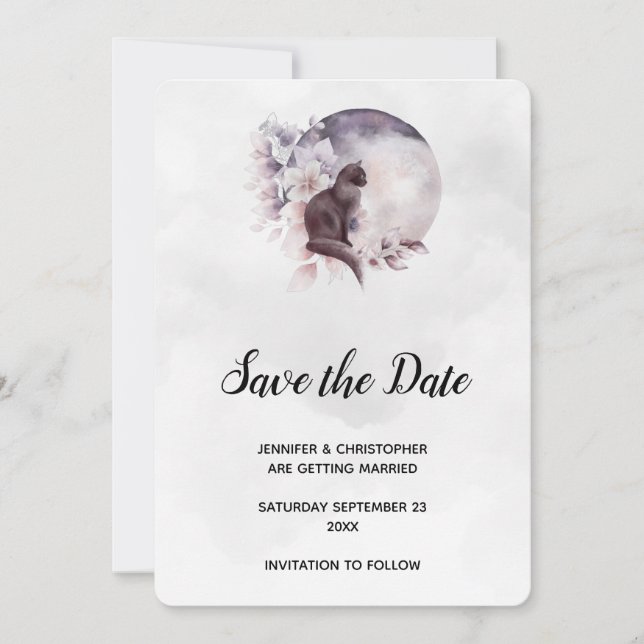 Black Cat in Front of a Magical Full Moon Wedding Save The Date (Front)