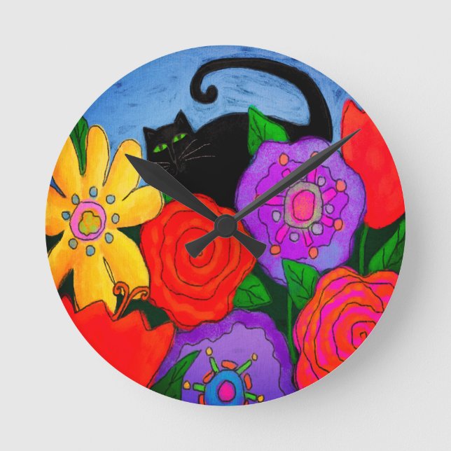 Black Cat in Garden Abstract Art Round Clock (Front)