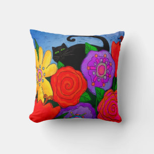 Black Cat in Garden Throw Pillow
