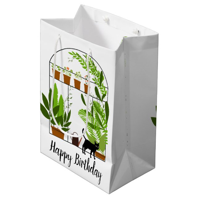 Black Cat in Greenhouse Birthday Medium Gift Bag (Front Angled)