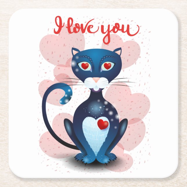 Black cat in Love Square Paper Coaster (Front)