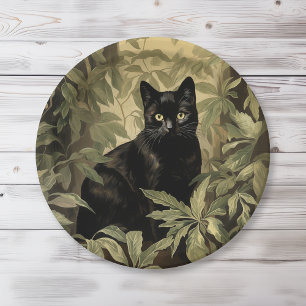 Black Cat in Lush Forest Paper Plate