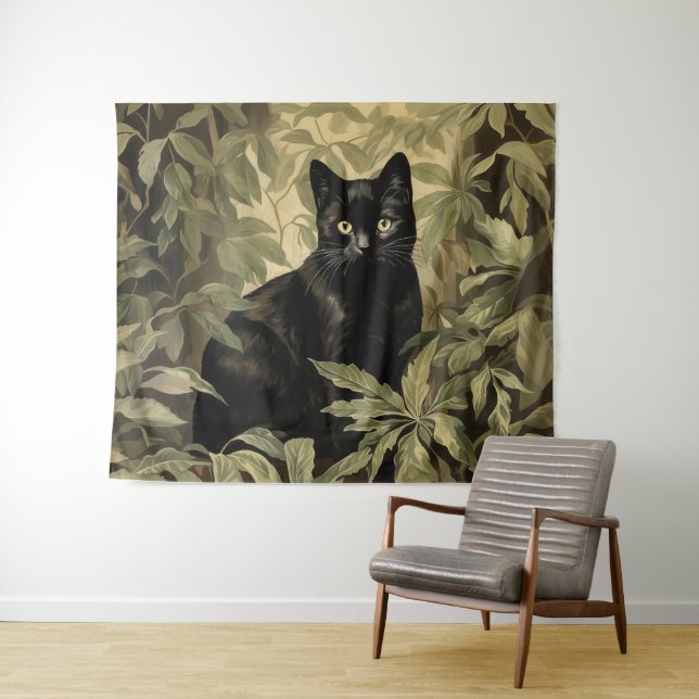 Black Cat in Lush Forest Tapestry (In Situ (Horizontal))