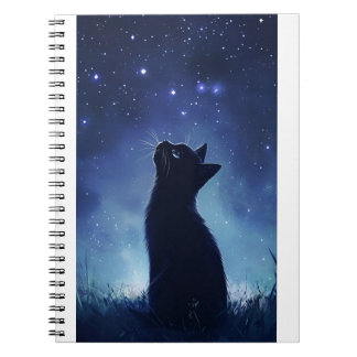 Black Cat in Magical Starlit Meadow Notebook