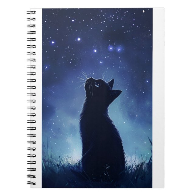 Black Cat in Magical Starlit Meadow Notebook (Front)