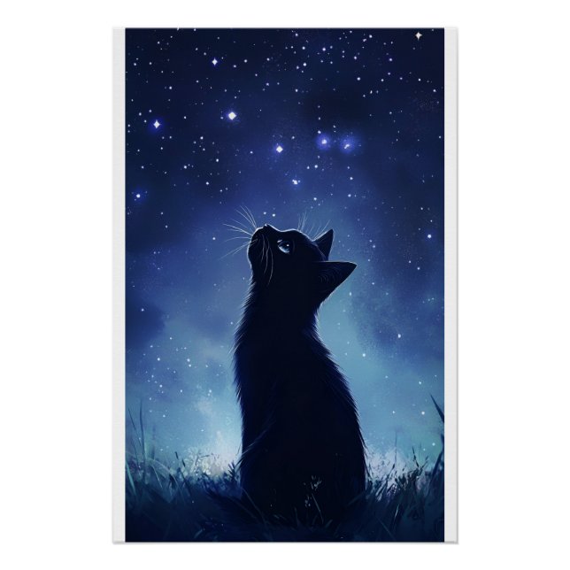 Black Cat in Magical Starlit Meadow Poster (Front)