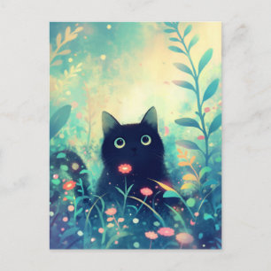 Black Cat in Magical Teal Wildflower Garden Postcard