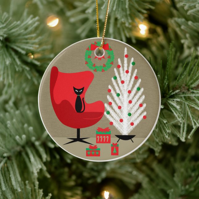 Black Cat in Mid Century Christmas Room Ceramic Ornament (Tree)