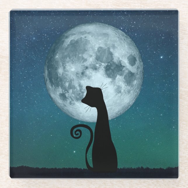 Black Cat in Moonlight Glass Coaster (Front)