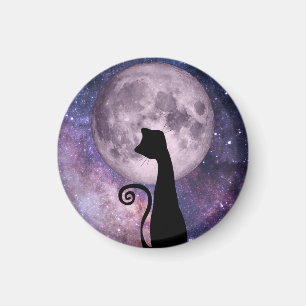 Black Cat in Moonlight In Pink and Purple Magnet