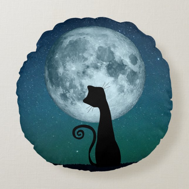 Black Cat in Moonlight Round Throw Pillow (Front)